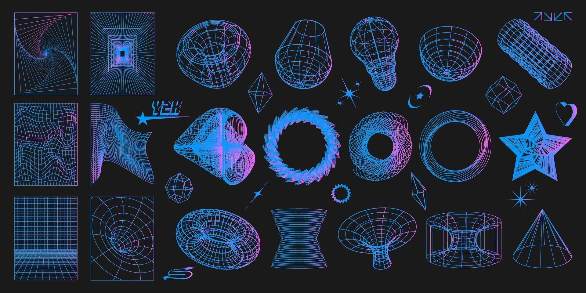 Abstract y2k geometric colorful neon shapes and 3d wireframe models on black background. Set of rave psychedelic retro futuristic elements from 90s, 00s. illustration in cyberpunk techno style. vector