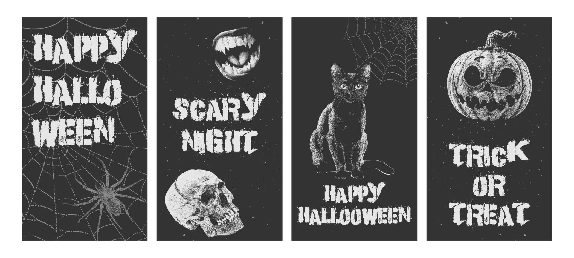 Happy Halloween set of vertical posters with photocopy halftone elements in Y2K style. Pumpkin, skull, spider on the web, cat, vampire mouth with grain effect. dots templates for social media. vector
