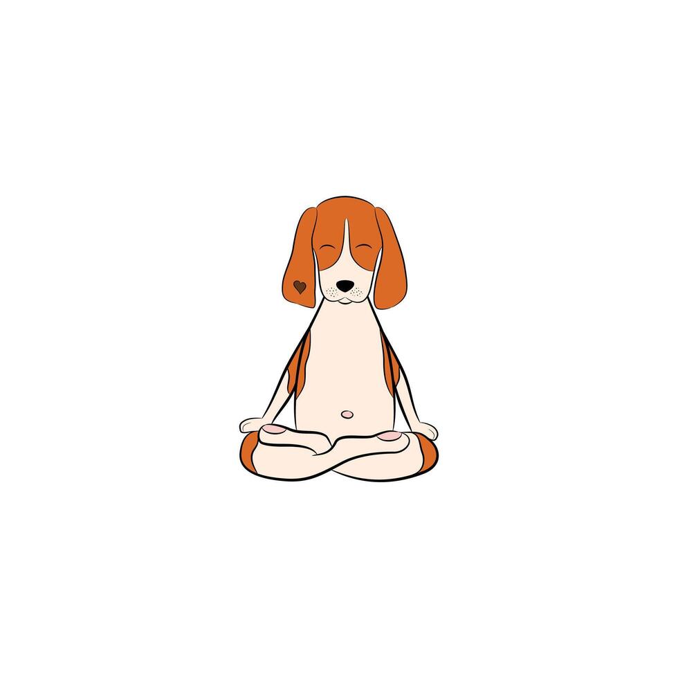 Cartoon illustration of a beagle dog sitting peacefully in a lotus yoga pose with closed eyes, symbolizing calm and mindfulness. vector