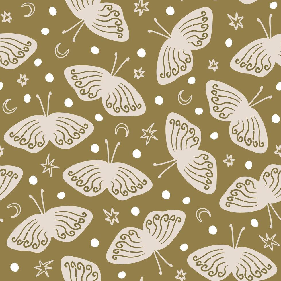 Night butterflies with stars, moon crescents and dots seamless pattern. Boho, cartoon, hand drawn moths pattern for paper, fabric design. vector
