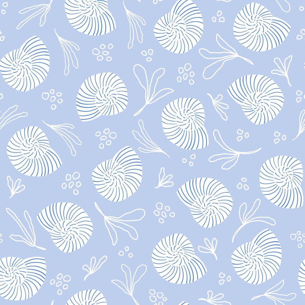 Sea shells pattern in blue and white colors. Summer, beach, coastal vibes repeat pattern. Sea life background. Ocean fashion monochrome. vector