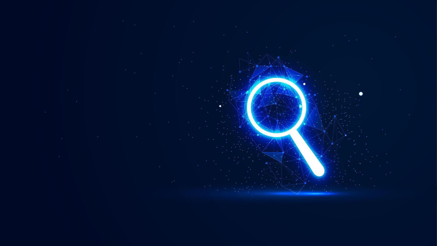 A futuristic glowing magnifying glass with plexus lines and glitter particles. Illustration concept of browsing and looking for ideas in the neon light style. Digital technology illustration vector
