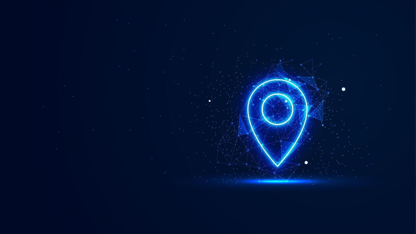 Futuristic glowing map pin with plexus lines and glitter particles. A location pointer in the neon light style. 3D abstract low poly in the dark background. Digital technology illustration vector