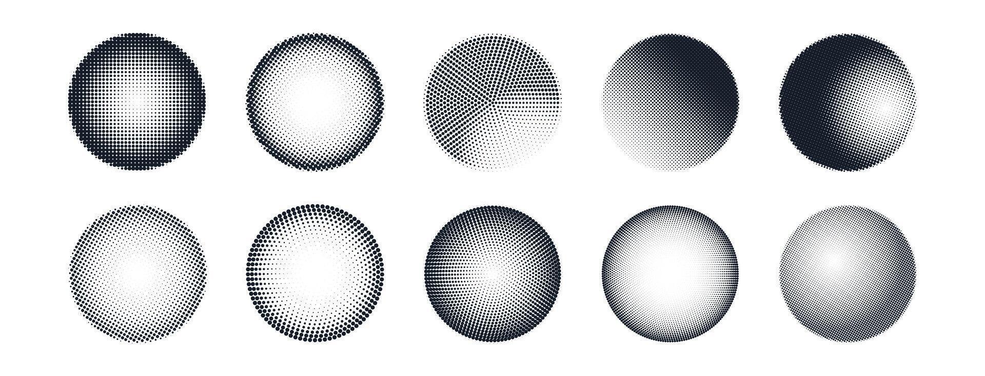 Set of retro halftone grunge spheres. Monochrome dot circles. Gradient abstract texture shapes. Logo with grain noise effect illustration vector