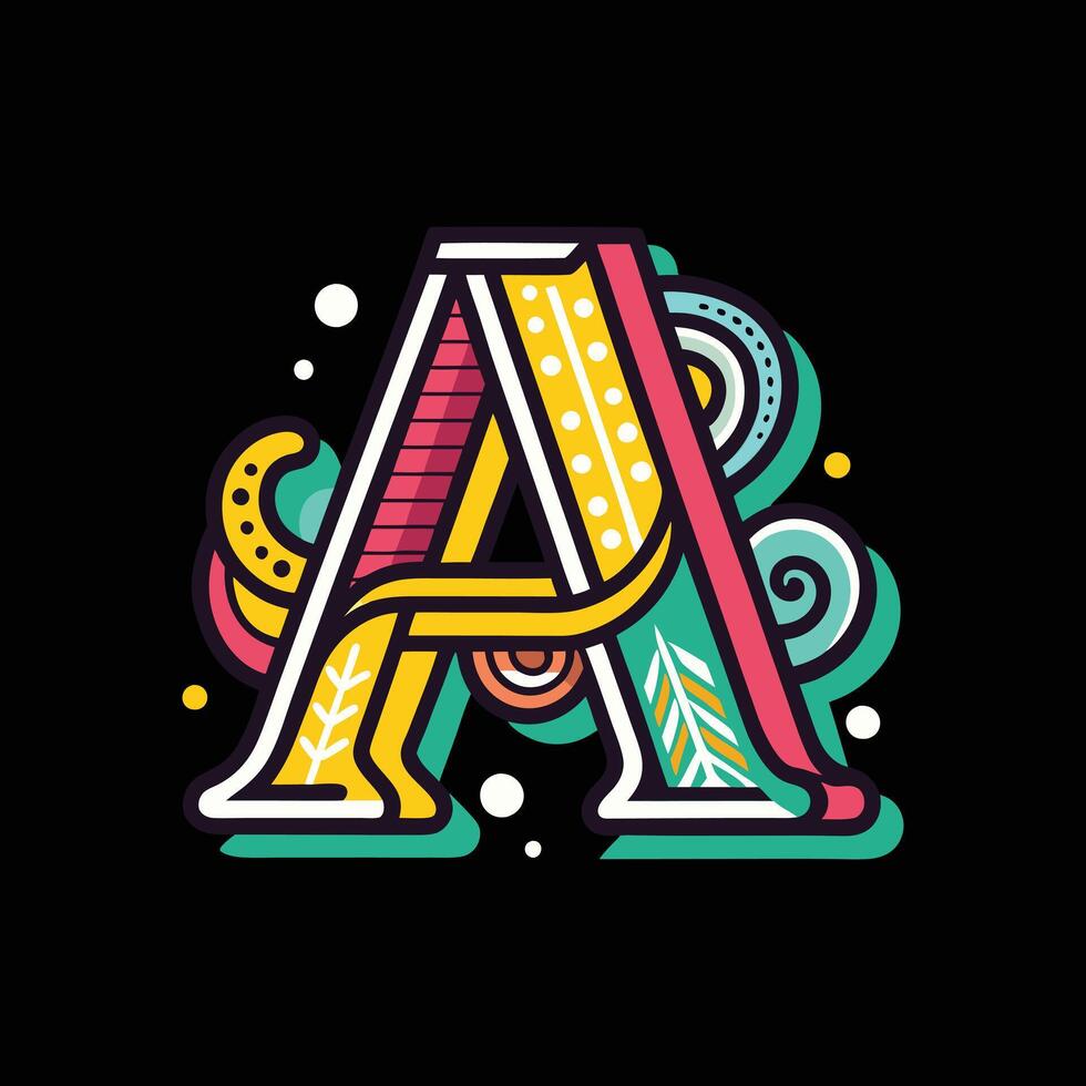 Letter A art hand lettering and doodles elements. vector