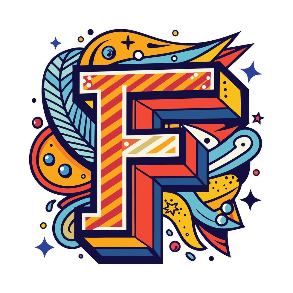 Letter F art hand lettering and doodles elements. vector