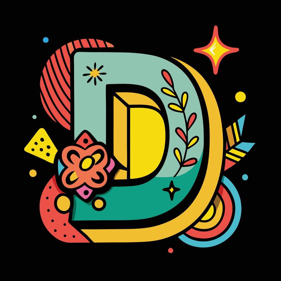 Letter D art hand lettering and doodles elements. vector