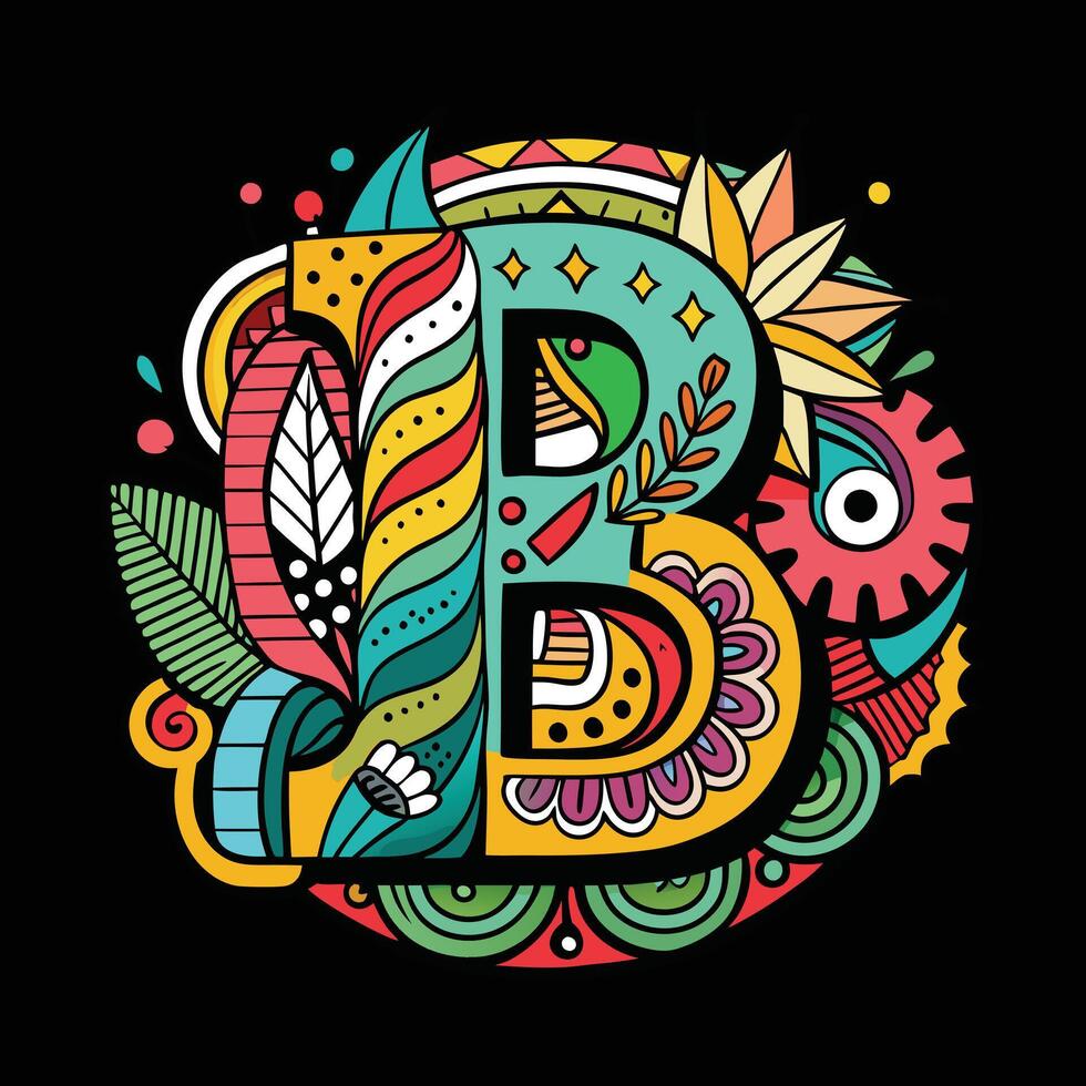 Letter B art hand lettering and doodles elements vector