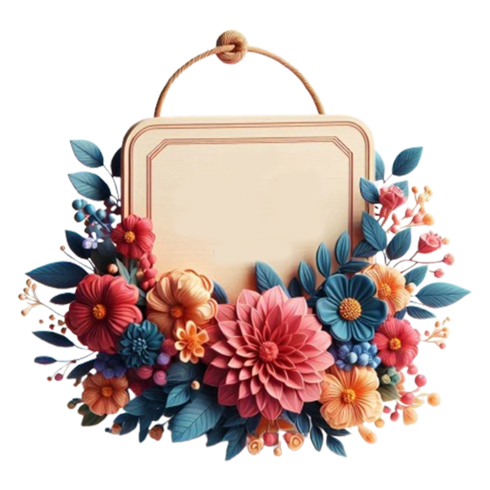 A flower arrangement with a frame and a sign png