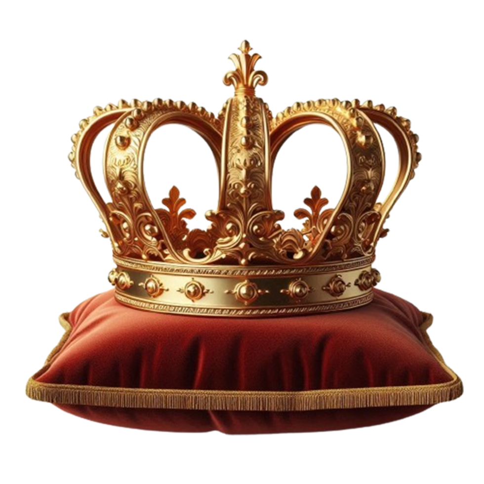 A golden crown sitting on top of a red pillow png