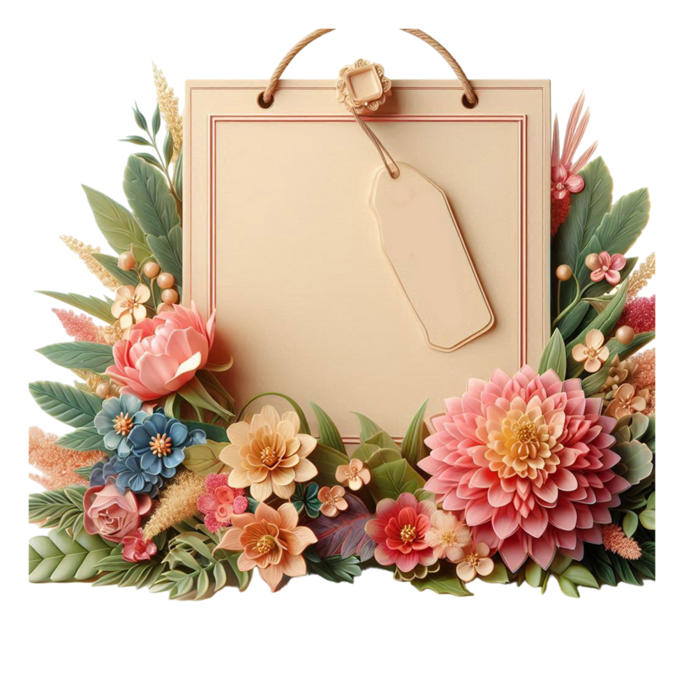 A flower arrangement with a blank card on it png