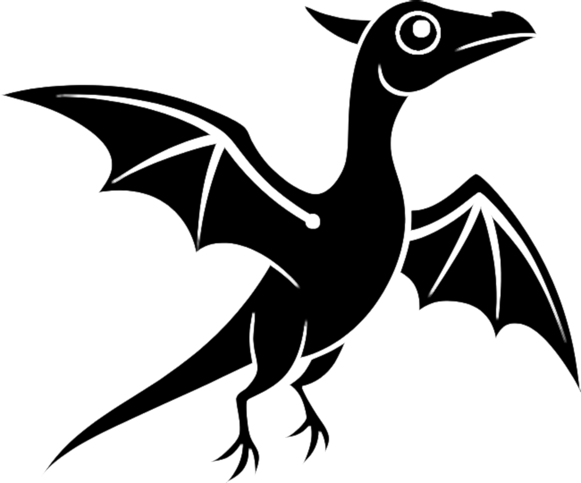 Smiling Flying Dinosaur Cartoon in Black Stencil Design. . png