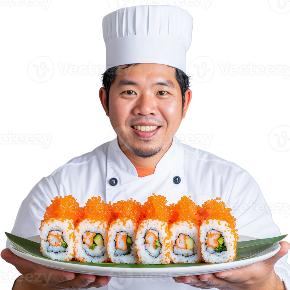 Cheerful sushi chef presents a platter of delicious sushi rolls with vibrant toppings and fresh ingredients on a leaf, showcasing culinary expertise and passion in Japanese cuisine on transparent background. png