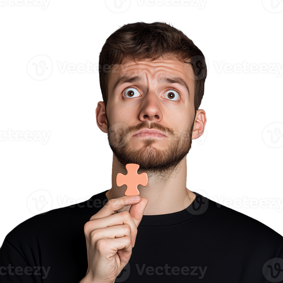 Confused young man holding a puzzle piece on a transparent background, symbolizing uncertainty and contemplation png