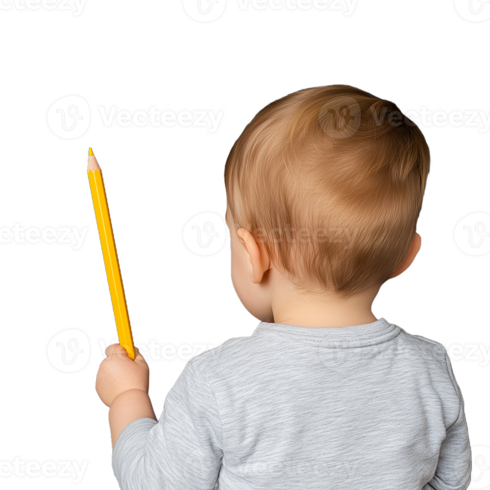 Adorable baby holding a pencil in hand, viewed from behind, on a transparent background showcasing curiosity and exploration. png
