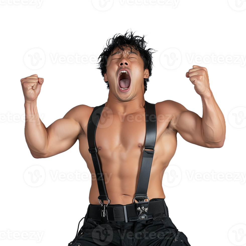 Powerful young man celebrating victory with intense expression and clenched fists on a transparent background png
