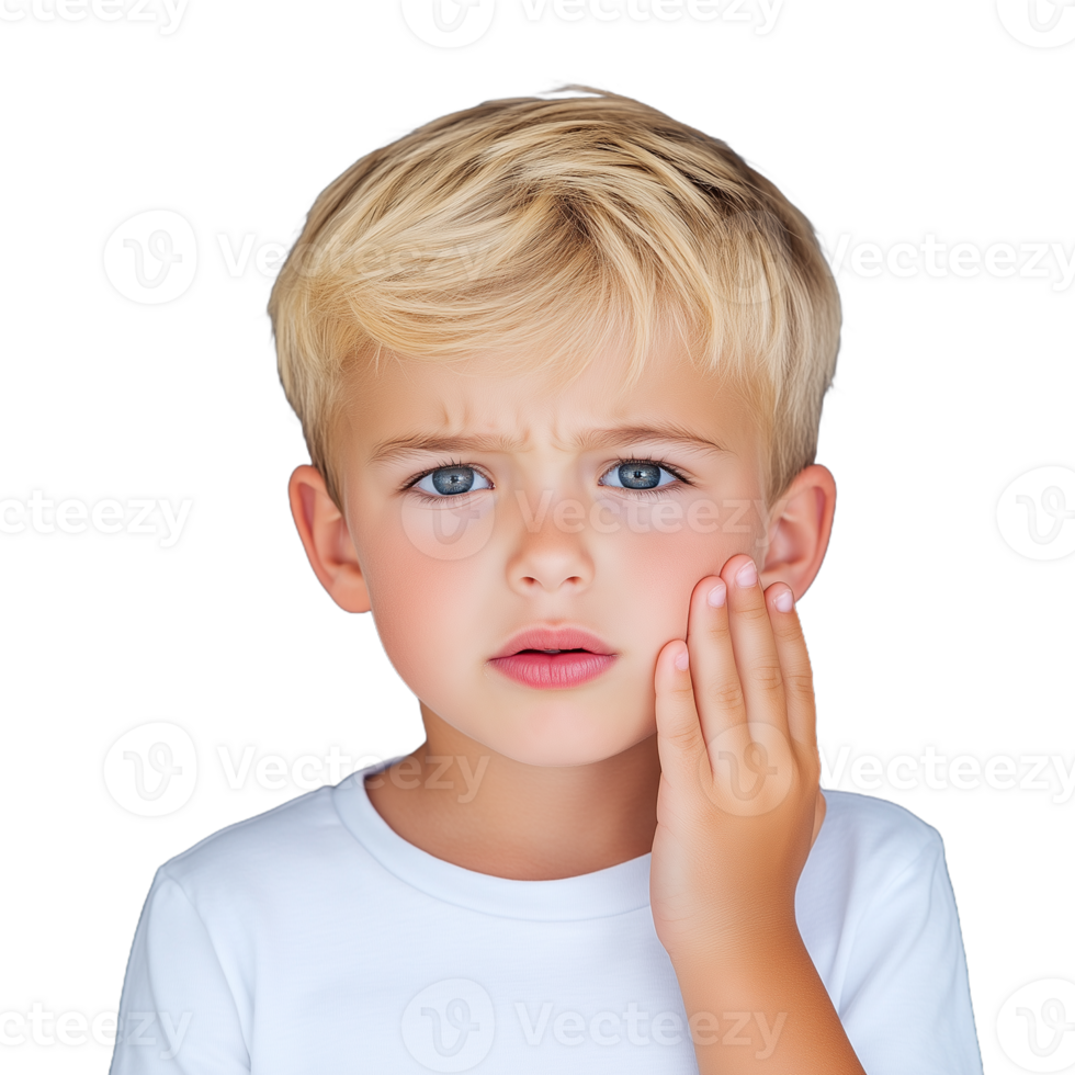Young boy holding cheek with hand, expressing pain and discomfort on transparent background png