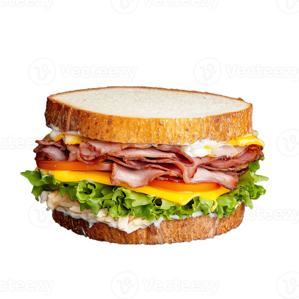 Delicious gourmet sandwich with fresh vegetables and layers of sliced meats captured on a transparent background png