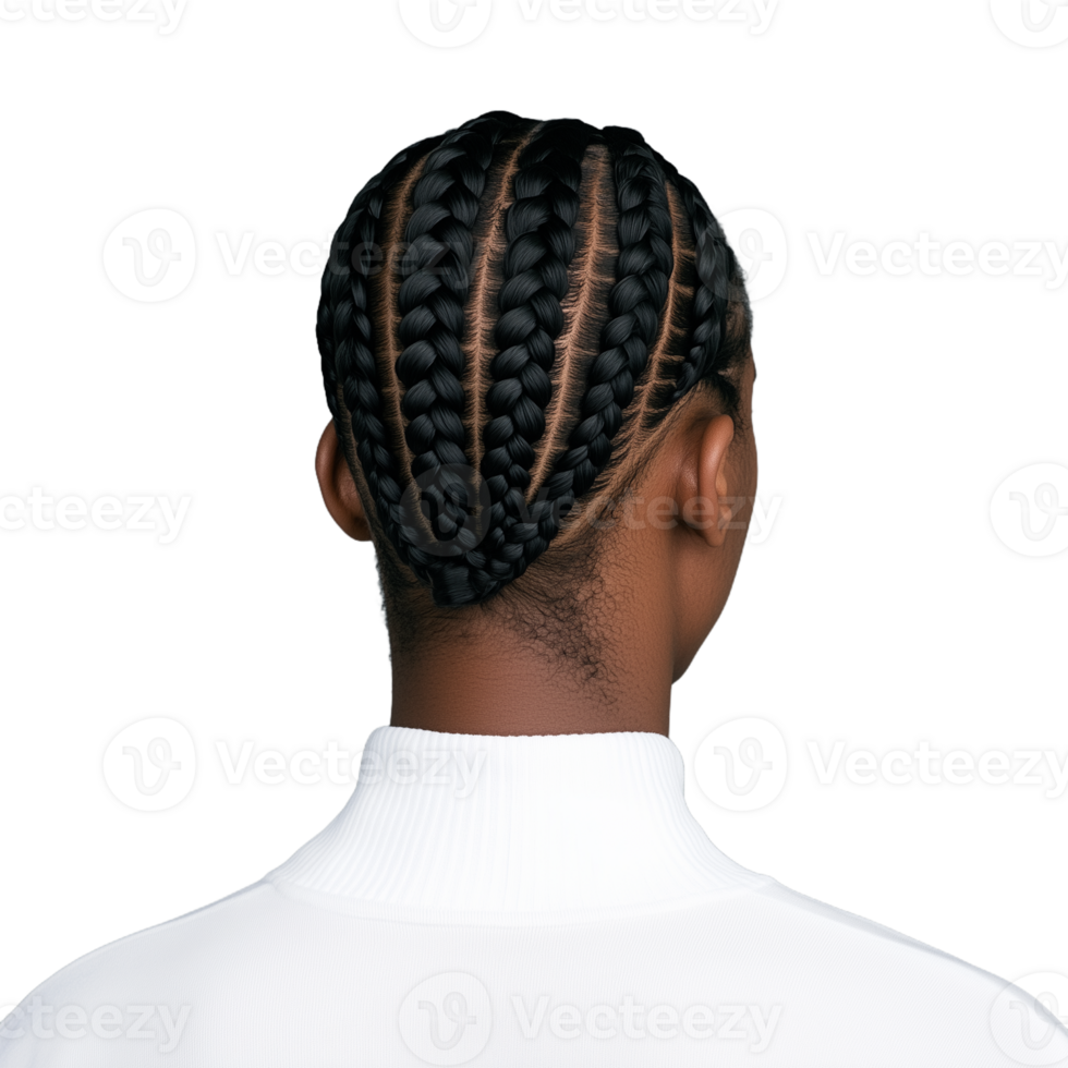 Close-up of person with beautifully styled cornrow braids and white turtleneck on a transparent background, highlighting intricate hair design and fashion style png