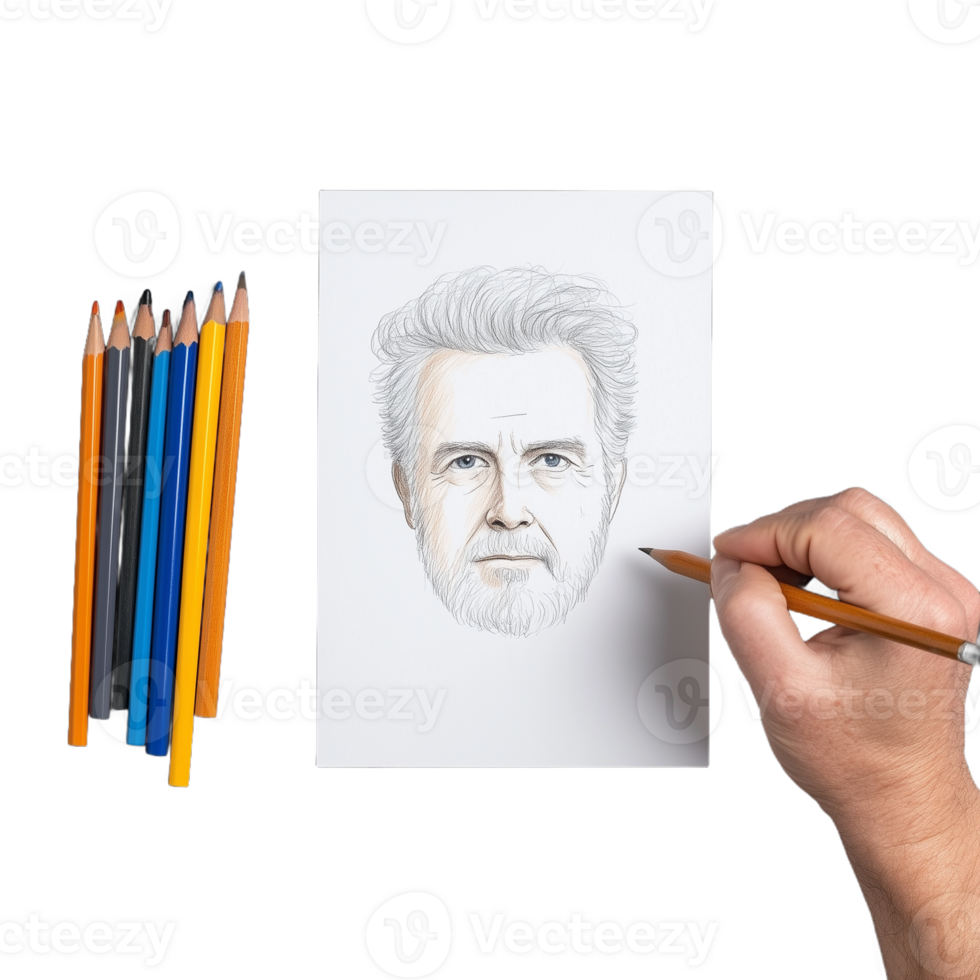 Artist sketching a realistic portrait with colored pencils on paper with a transparent background png