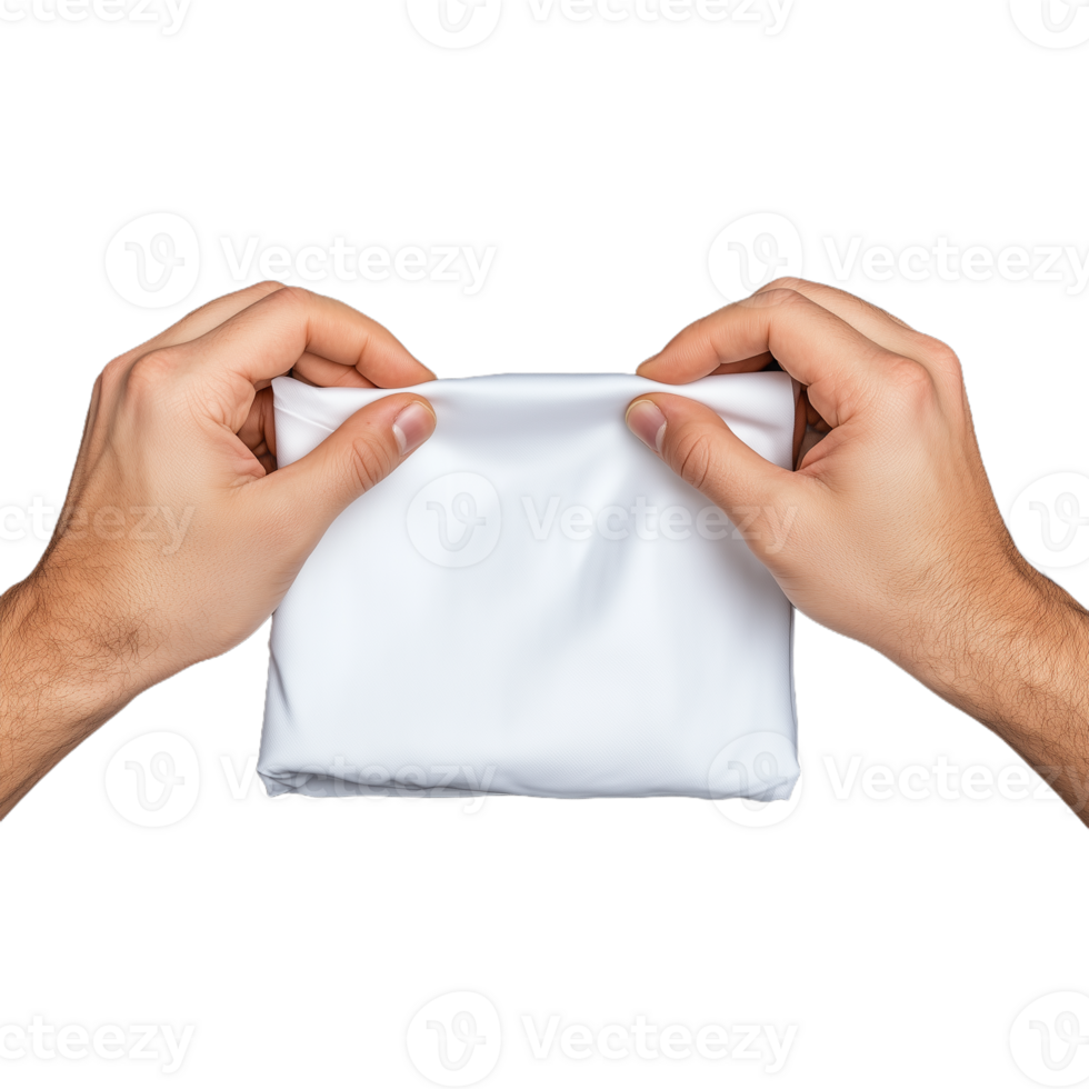 Hands holding a blank white fabric for design presentation on a transparent background png