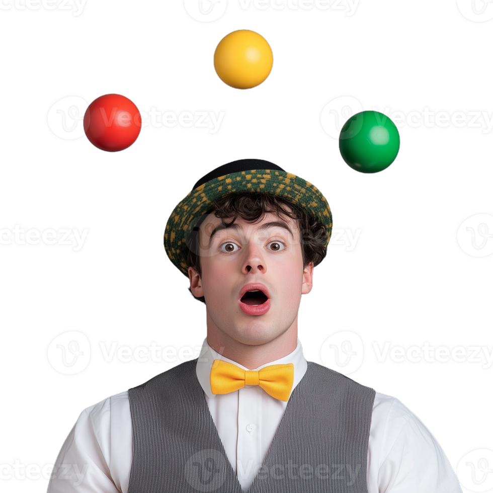 Young man skillfully juggling colorful balls in the air with a surprised expression, wearing a charming hat and bow tie against a transparent background png