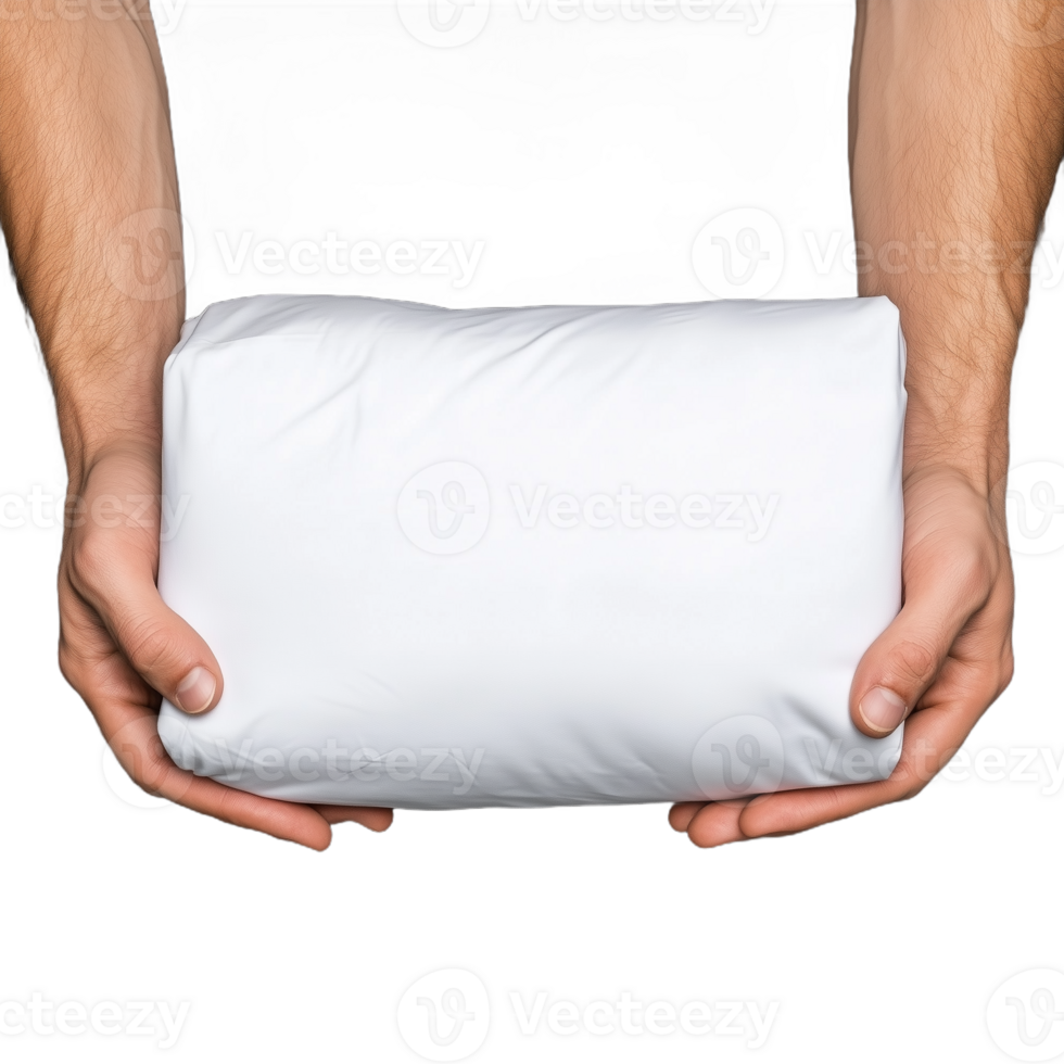 Hands holding a white pillow against a transparent background, showcasing relaxation and comfort concepts png