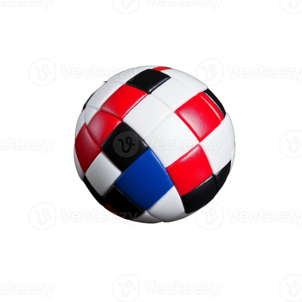 Colorful patterned ball with red, blue, black, and white patches on a transparent background showcasing geometric design png