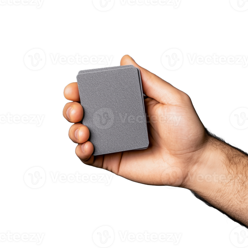 Close-up of a hand holding a blank gray card on a transparent background png