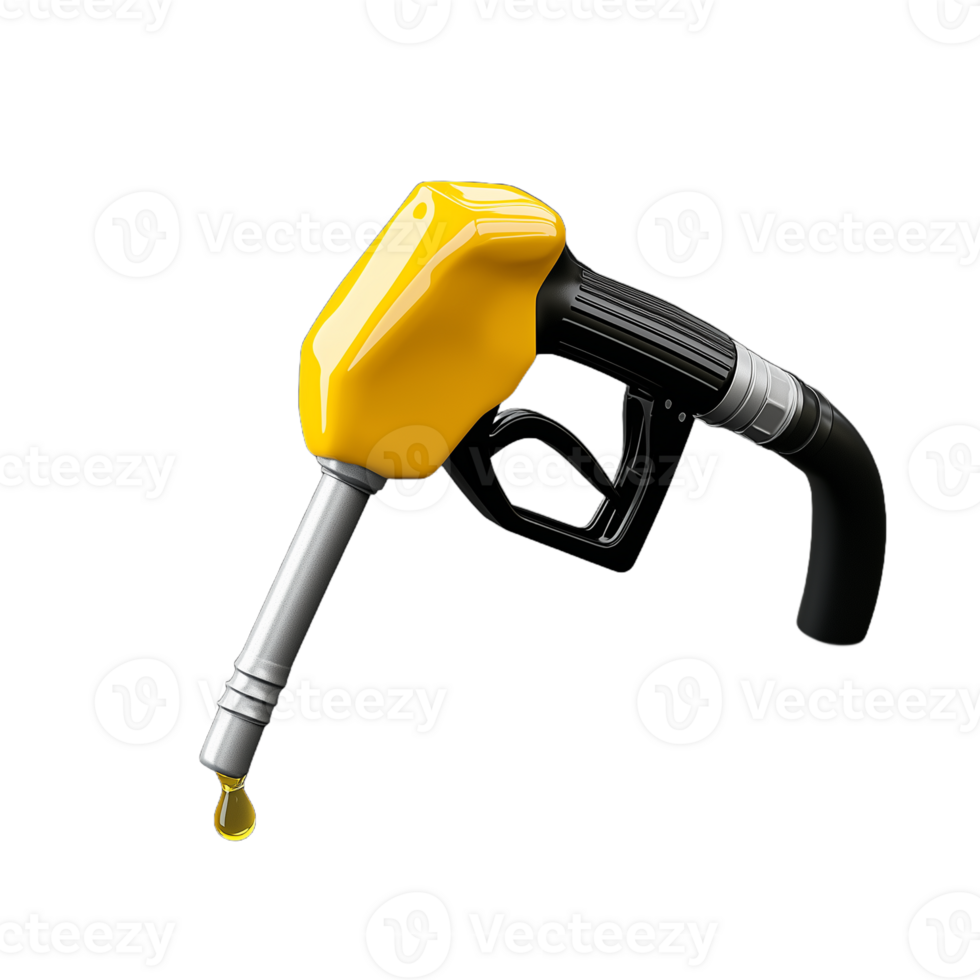 Fuel nozzle dripping gasoline on transparent background symbolizing energy and environment concepts png