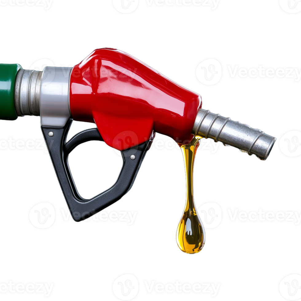 Fuel nozzle dripping with petrol on a transparent background, representing gasoline consumption and energy use png