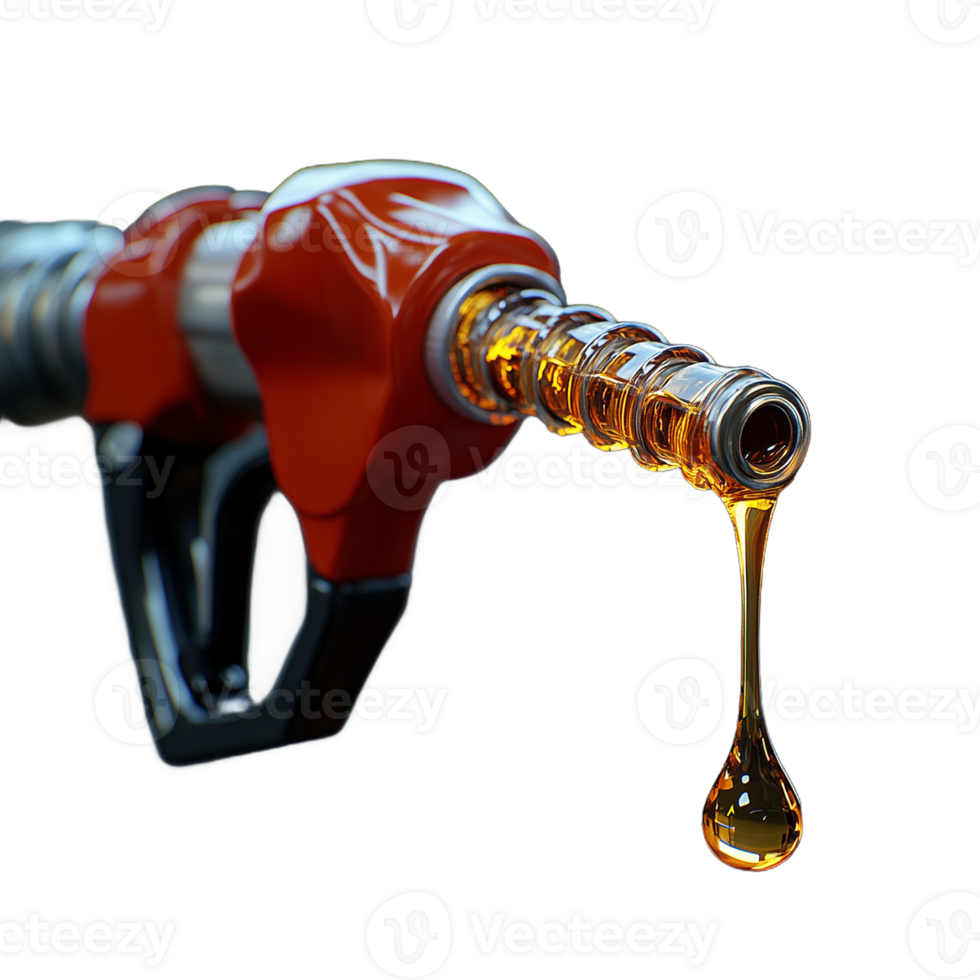 Close-up of a red fuel nozzle releasing a drop of gasoline against a transparent background, highlighting energy and fuel concepts. png