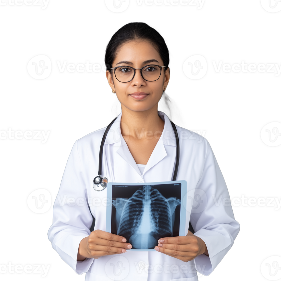 Professional female doctor in white coat holding a chest X-ray, standing against a transparent background, showcasing healthcare expertise and medical knowledge in radiology and diagnostics. png