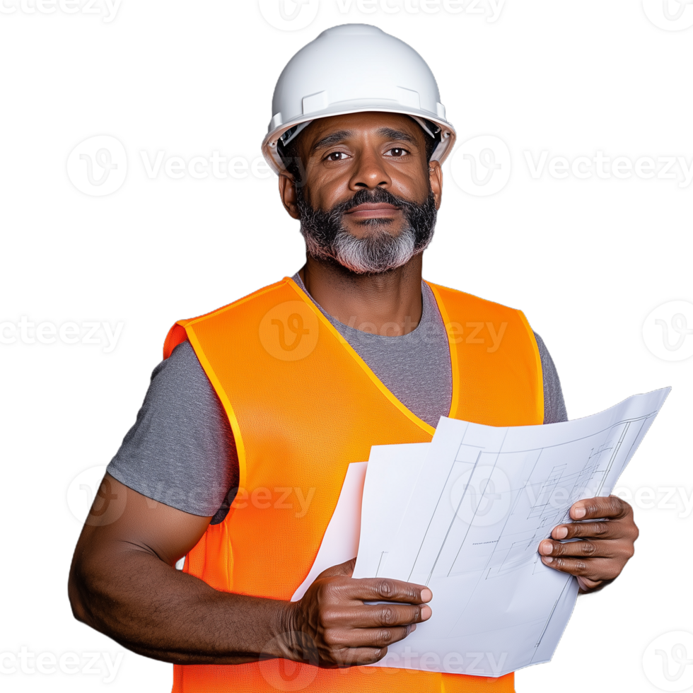 Confident construction worker holding blueprints wearing a protective helmet and orange vest on transparent background. Experienced builder or architect overseeing building plans in safety attire png
