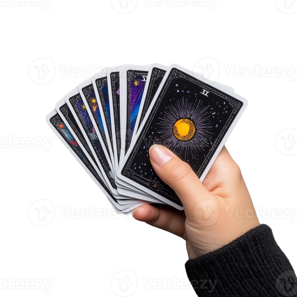 Close-up of a person's hand holding a spread of beautifully illustrated tarot cards, each showing unique celestial designs, on a transparent background png