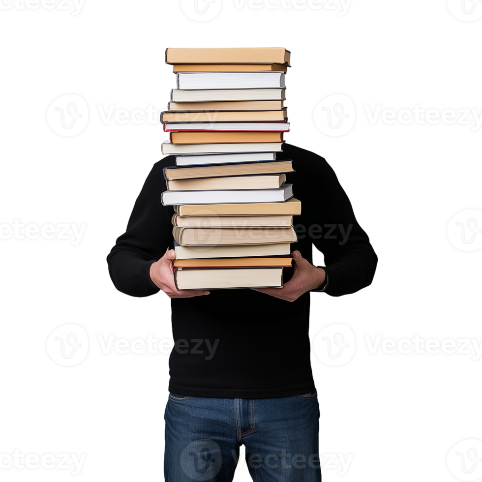 Man holding large stack of books, obscuring face against transparent background, concept of education, knowledge and academic overload png