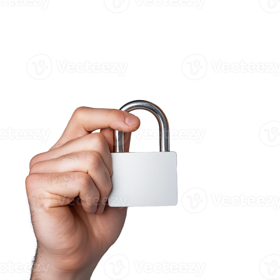Close-up of a hand holding a white padlock against a transparent background symbolizing security and protection png