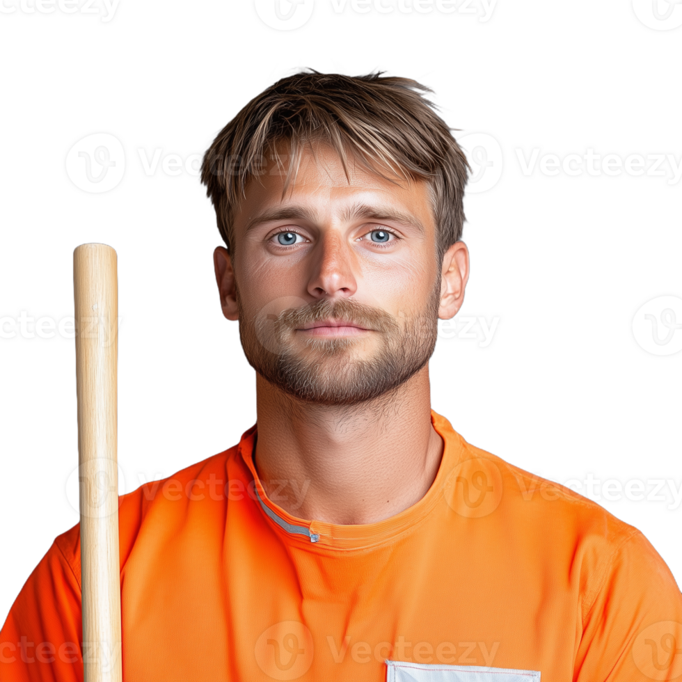 Portrait of a young man wearing an orange shirt holding a wooden stick on a transparent background png