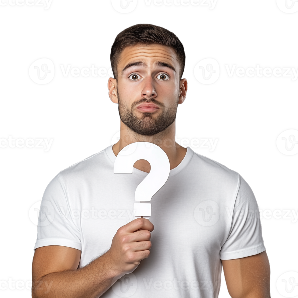 Confused young man holding a large question mark sign with a puzzled expression on a transparent background, conveying uncertainty or curiosity in inquiry and decision-making png