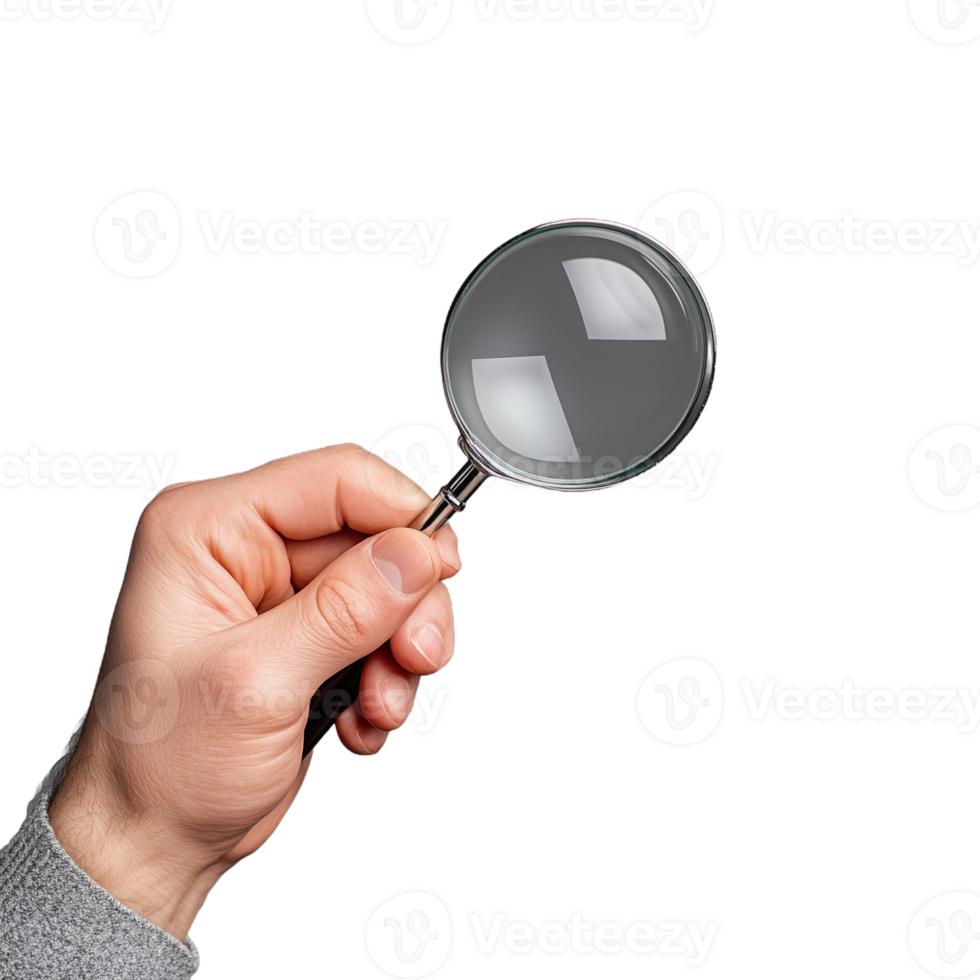 Close-up image of a hand holding a magnifying glass on transparent background, symbolizing focus, search, and investigation png