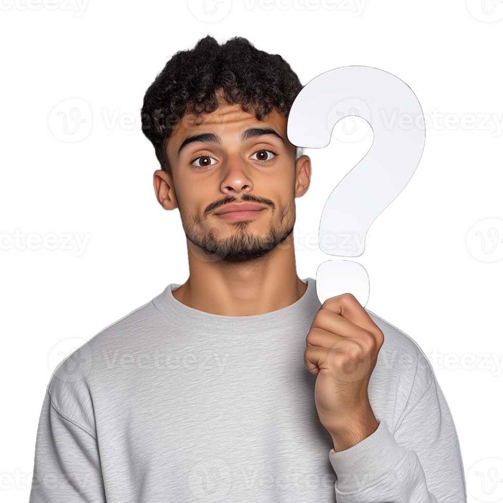 Curious young man holding large question mark sign on transparent background, contemplating and pondering with thoughtful expression, symbolizing curiosity and inquiry in thoughtful conceptual portrait png