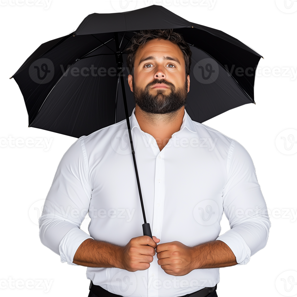 Confident man with beard holding an umbrella, wearing a white shirt, isolated on transparent background png