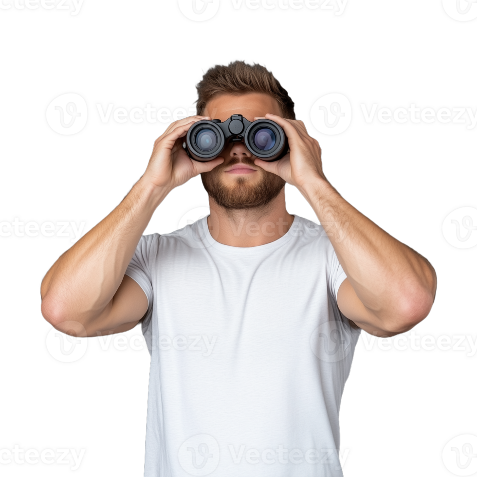 Man in casual white shirt using binoculars, looking forward with focus and curiosity on a transparent background, depicting exploration and observation concepts. png