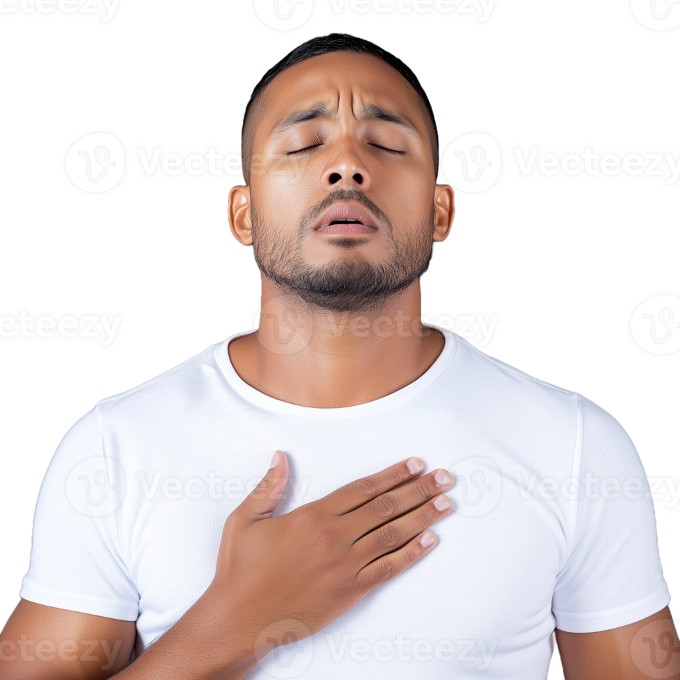 Man expressing relief with a hand on his chest and eyes closed in a relaxed gesture, wearing a white shirt and standing against a transparent background png