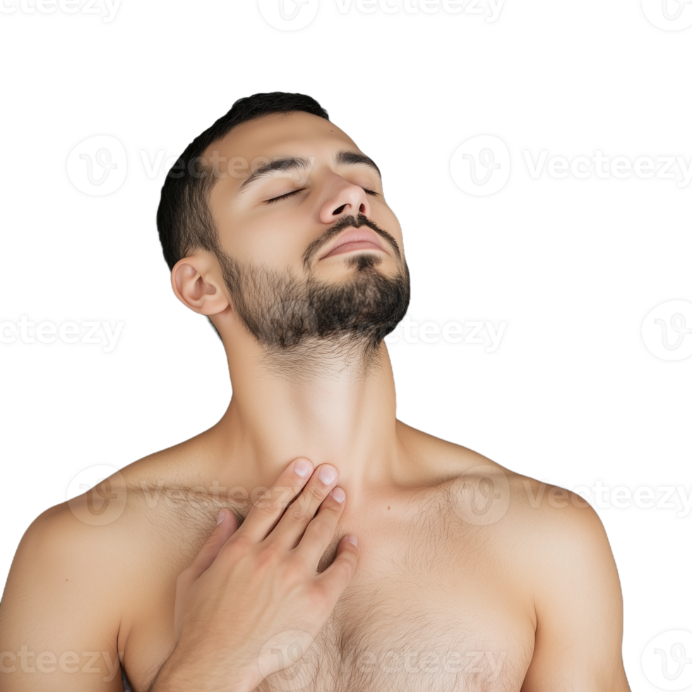 Relaxed young man with closed eyes and hand on his neck isolated on transparent background, experiencing calm and tranquility png