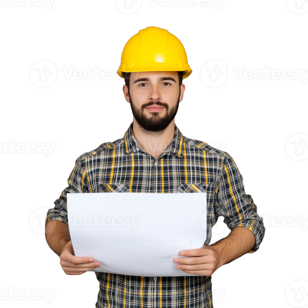Confident architect in yellow hard hat holding construction plan on transparent background, ready to discuss building ideas with a focus on engineering and architecture, wearing casual checkered shirt png