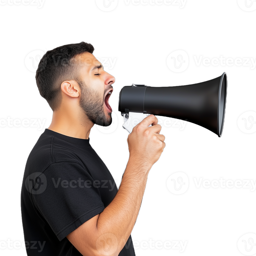 Passionate young man with beard shouting into a megaphone confidently on transparent background png