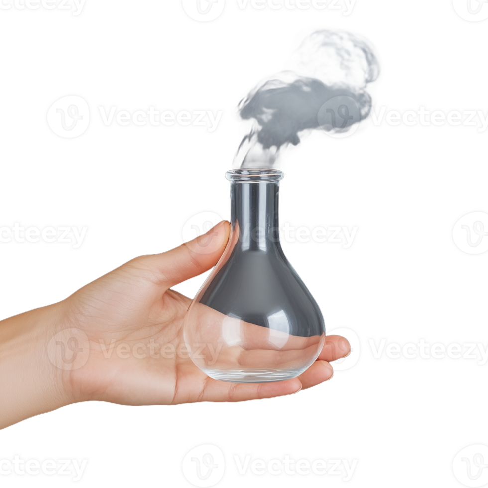 Close-up of a hand holding a glass flask with white smoke on transparent background depicting science and chemistry concepts png