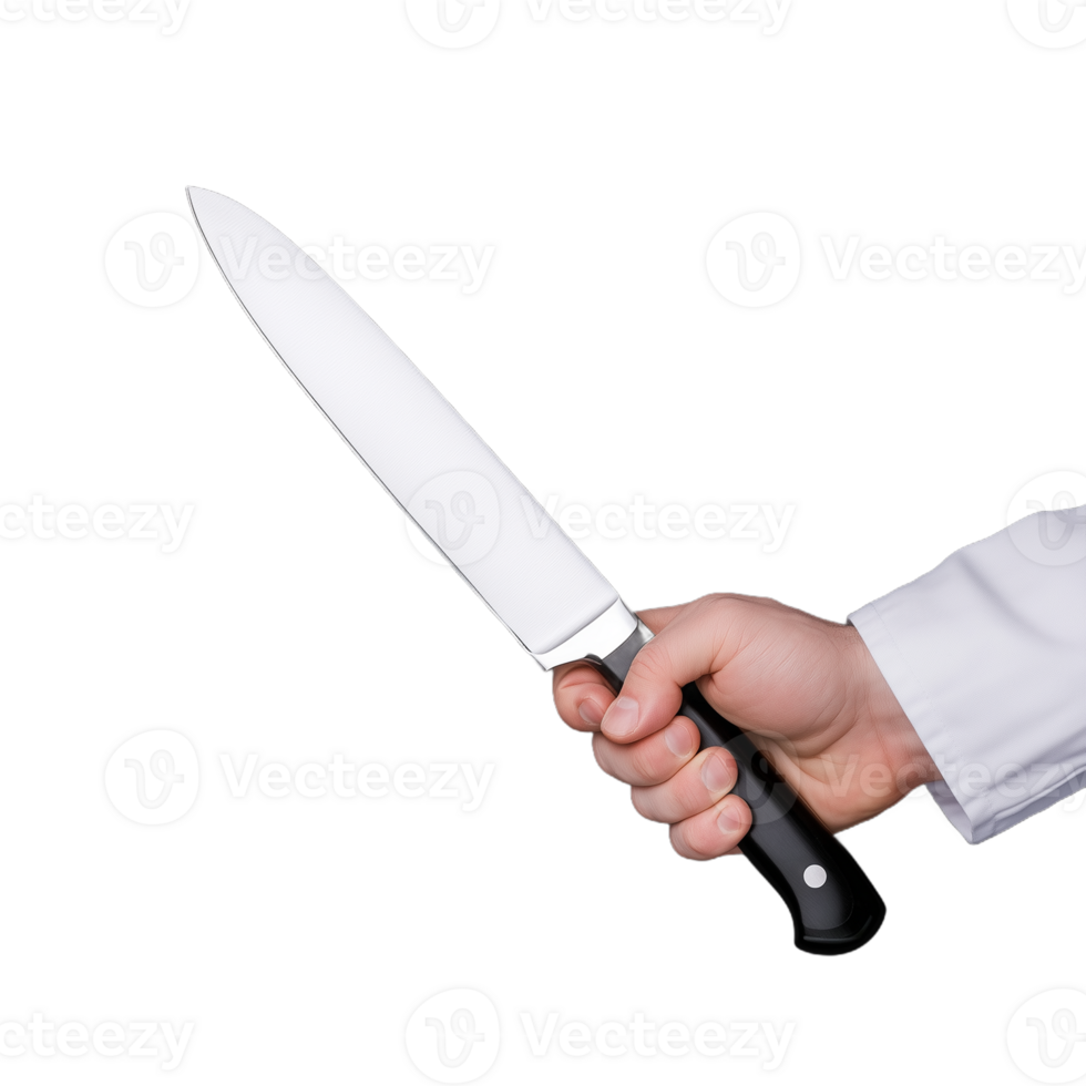 Close-up of a hand gripping a sharp kitchen knife with a black handle on a transparent background, symbolizing culinary precision and control png