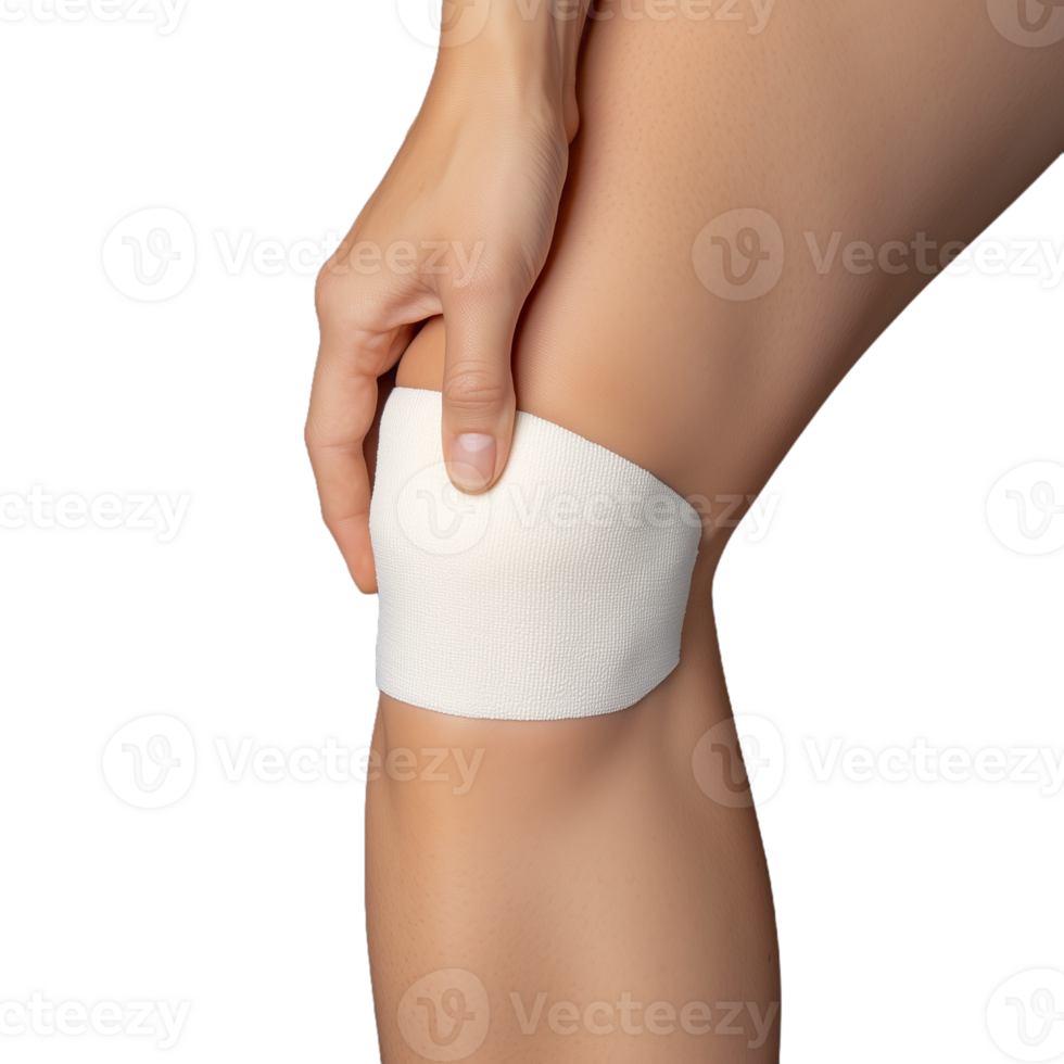 Close-up of a person's hand applying an elastic bandage on an injured knee joint for medical support on a transparent background png